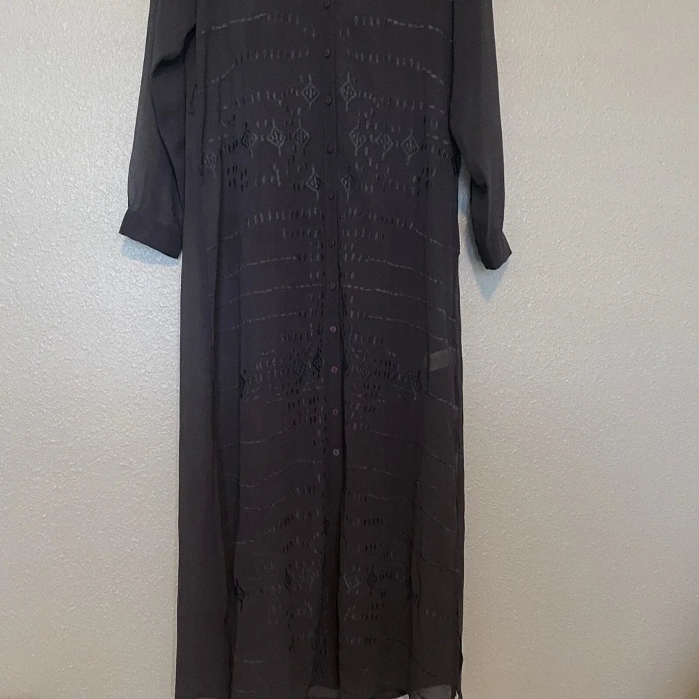 Soft Surroundings Ibiza maxi dress‎ Sz XS Slate Gray Embroidered Sheer Boho Chic